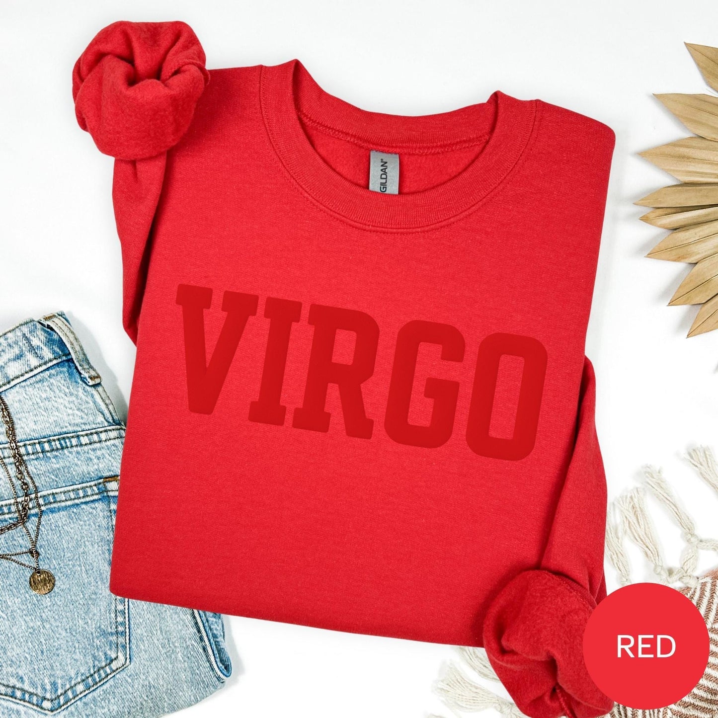 Red Zodiac Puff Print Sweatshirt Birthday Gift Astrology Top