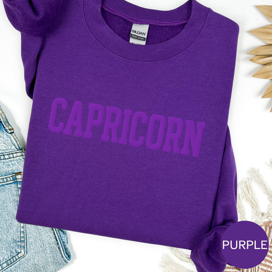 PURPLE Capricorn Zodiac Puff Print Sweatshirt T-shirt Hoodie Birthday Astrology Top