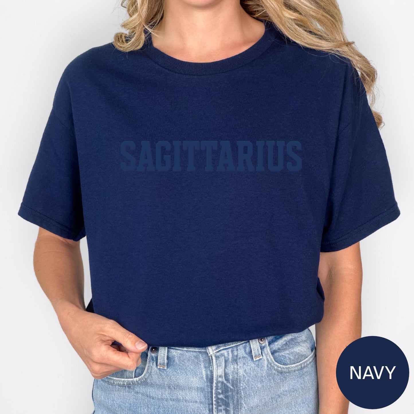 NAVY Sagittarius Zodiac Puff Print Birthday Horoscope Top T-Shirt, Sweatshirt, Hoodie You Choose
