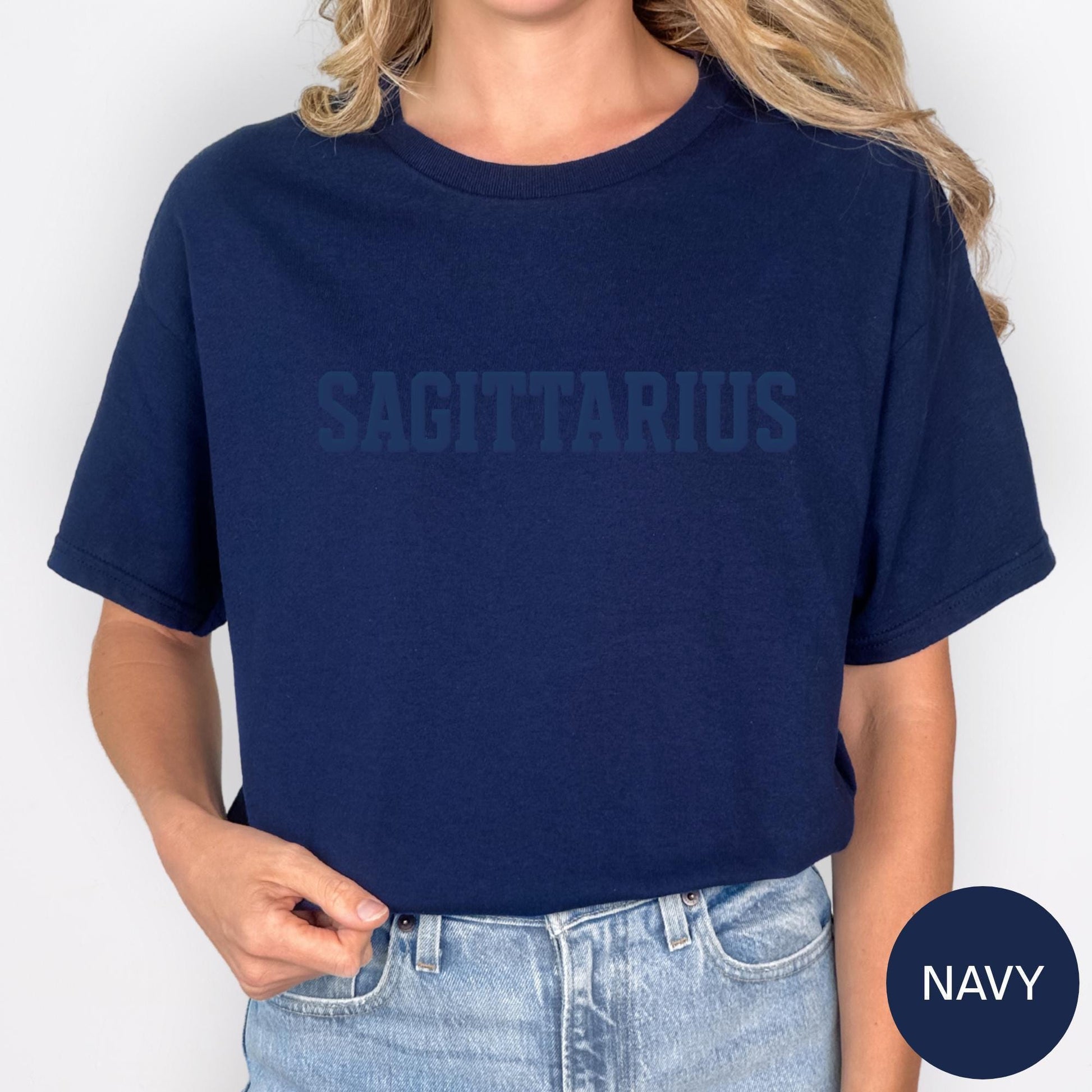 NAVY Sagittarius Zodiac Puff Print Birthday Horoscope Top T-Shirt, Sweatshirt, Hoodie You Choose
