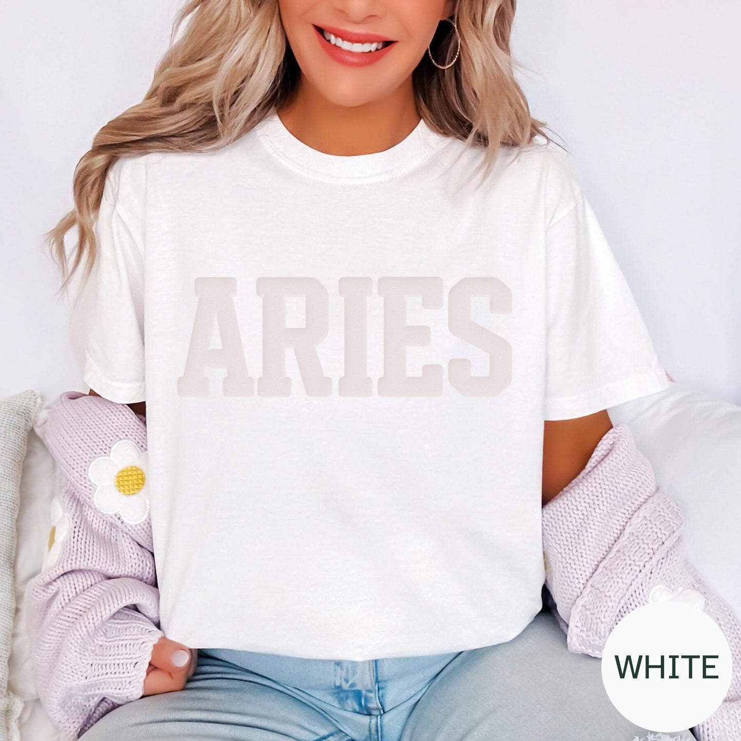 WHITE Aries Zodiac Puff Print Sweatshirt T-shirt Hoodie Birthday Astrology Top