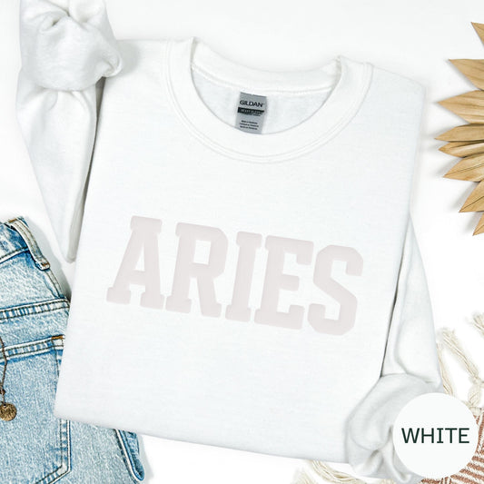 WHITE Aries Zodiac Puff Print Sweatshirt T-shirt Hoodie Birthday Astrology Top