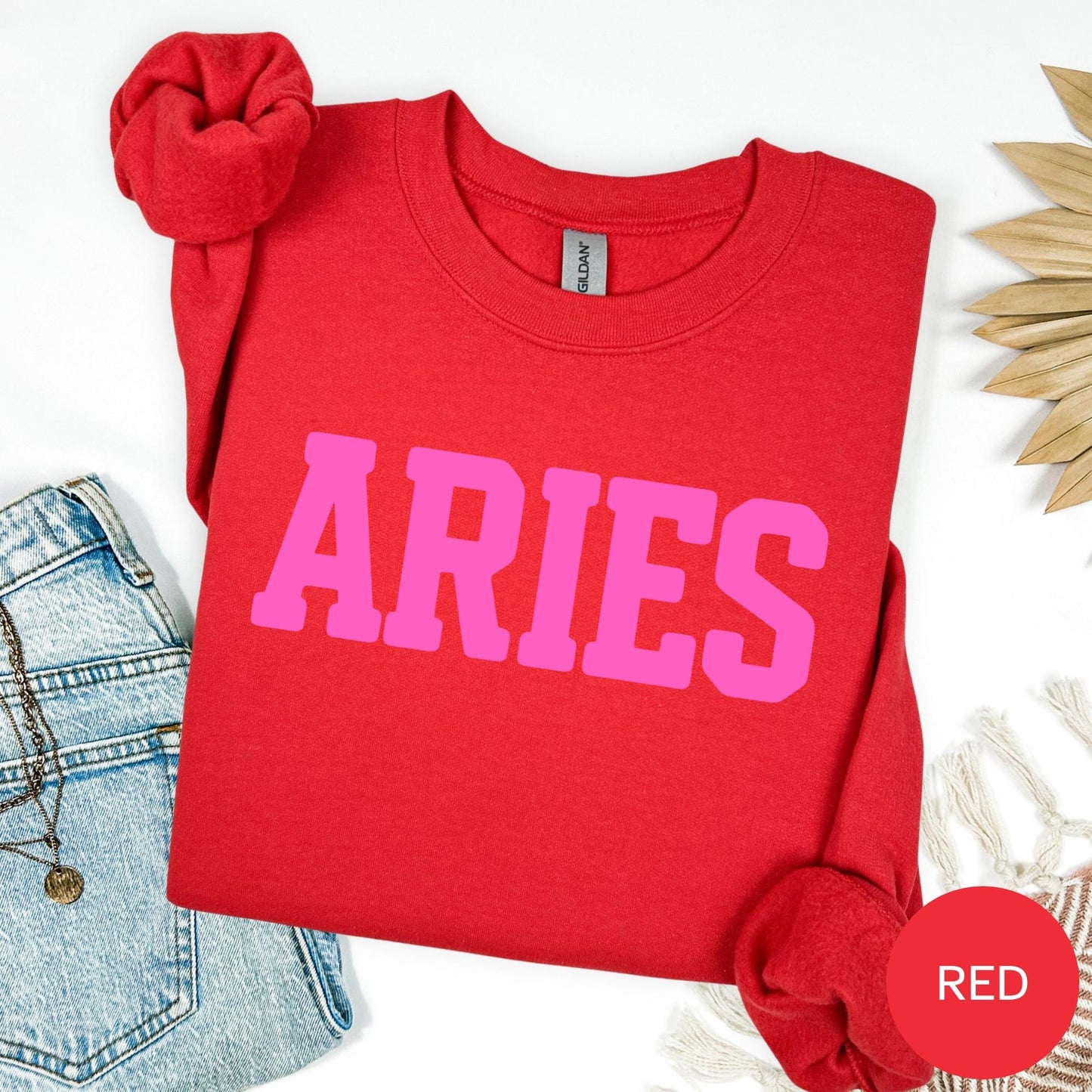 HOT PINK on RED Aries Zodiac Puff Print Sweatshirt T-shirt Hoodie Birthday Astrology Top