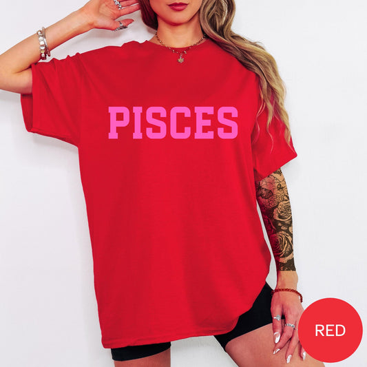 HOT PINK on RED Pisces Zodiac Puff Print Sweatshirt T-shirt Hoodie Birthday Astrology Top