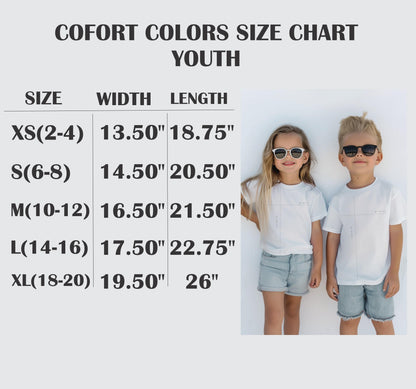The image is a size chart for youth, showing the measurements for different age groups. It includes a table with the age groups (XS/2-4, S, 6-8, M, 10-12, L, XL/18-20) and corresponding widths (13.50, 14.50, 16.50, 21.50, 17.50, 22.75) in inches. The chart also includes a photograph of two children wearing matching white t-shirts and sunglasses.