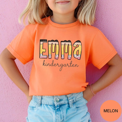 personalized kindergarten pencil name shirt youth comfort colors kids back to school shirt cute first day name tee for kindergarten photos