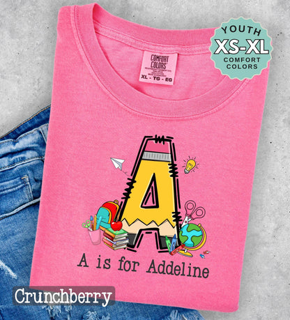 Personalized Back to School Shirt: Comfort Colors Pencil Letter Tee