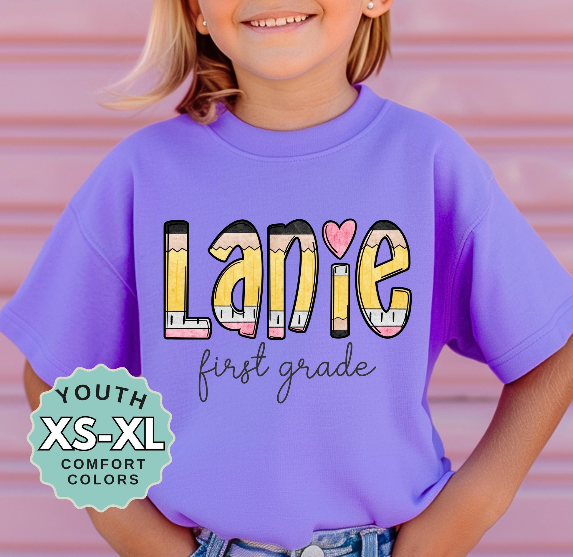 personalized first grade pencil name shirt youth comfort colors tee cute back to school tee kids name shirt for first day school photo