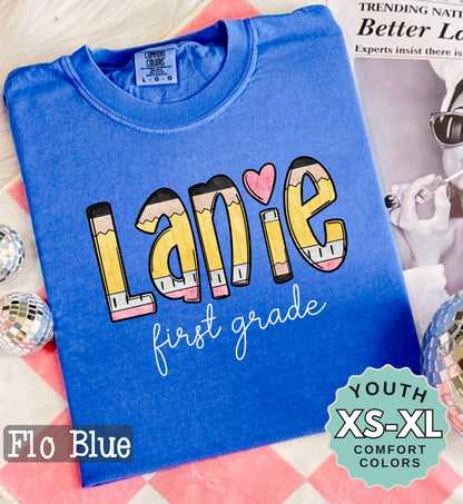 personalized first grade pencil name shirt youth comfort colors tee cute back to school tee kids name shirt for first day school photo