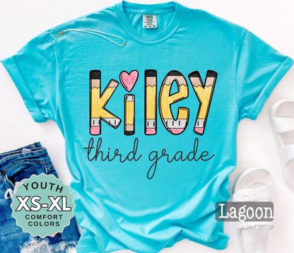 Personalized Third Grade Pencil Name Shirt: Comfort Colors Back to School Tee