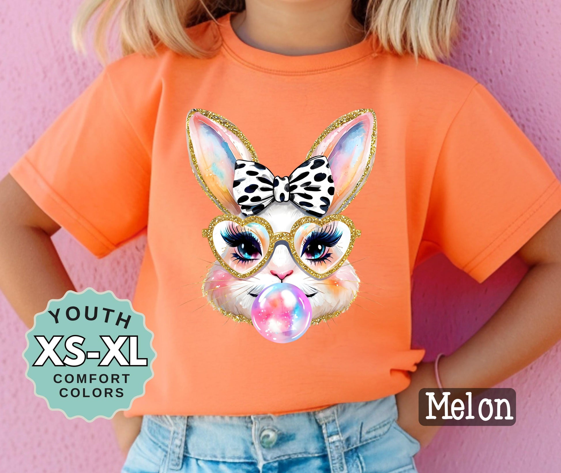 Girls Bubble Gum Bunny Shirt Easter Bunny with Heart Glasses Spring Graphic Tee