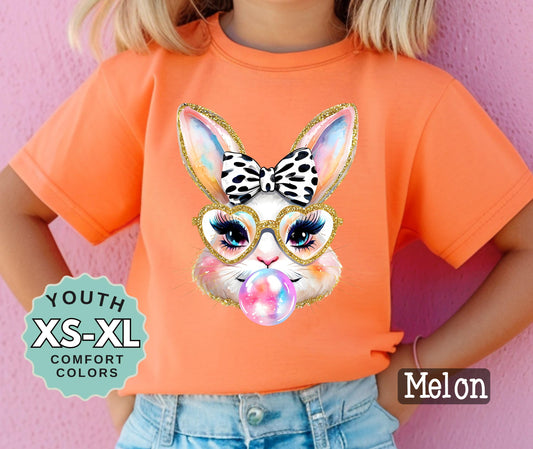 Girls Bubble Gum Bunny Shirt Easter Bunny with Heart Glasses Spring Graphic Tee
