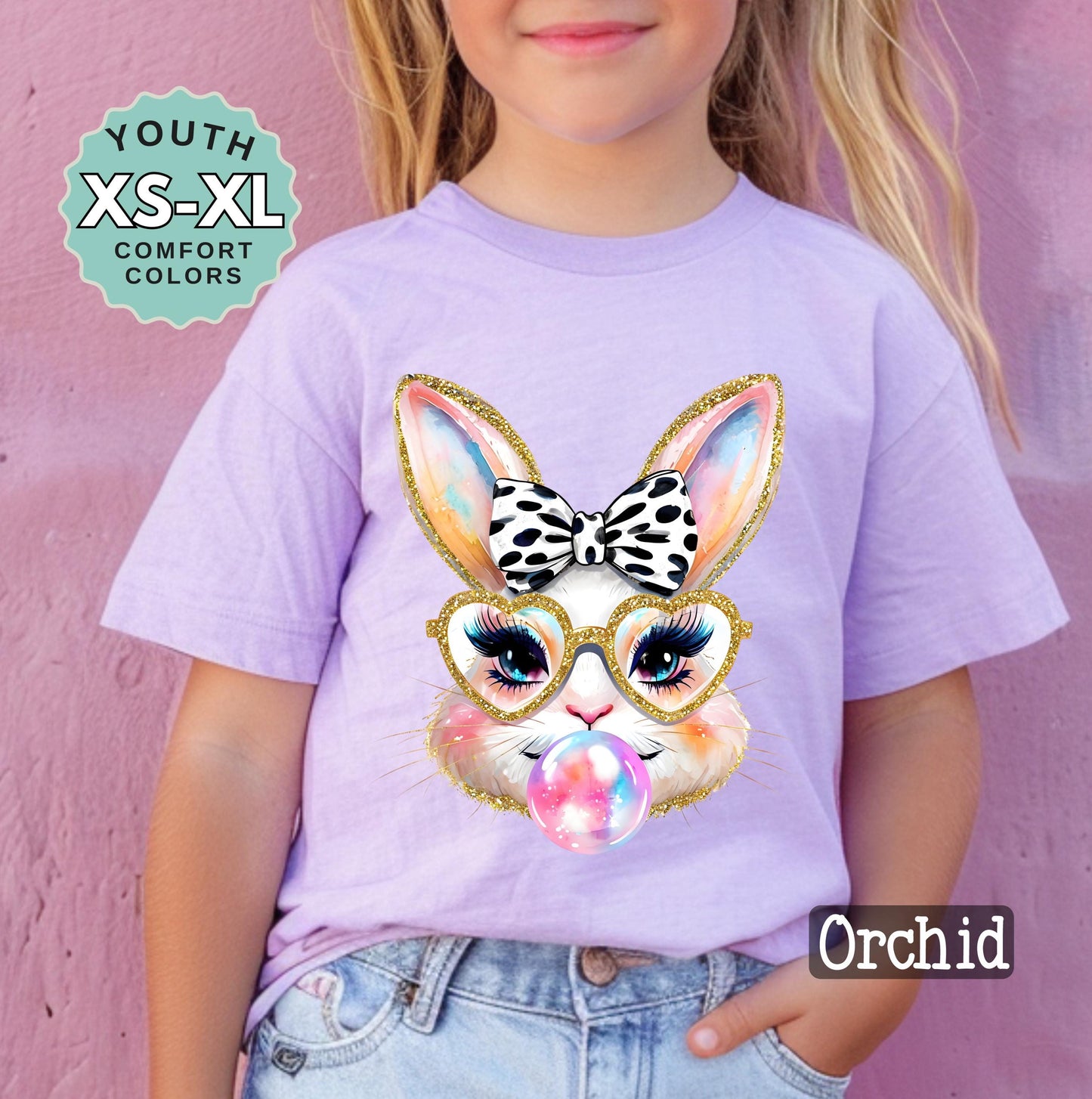 Girls Bubble Gum Bunny Shirt Easter Bunny with Heart Glasses Spring Graphic Tee