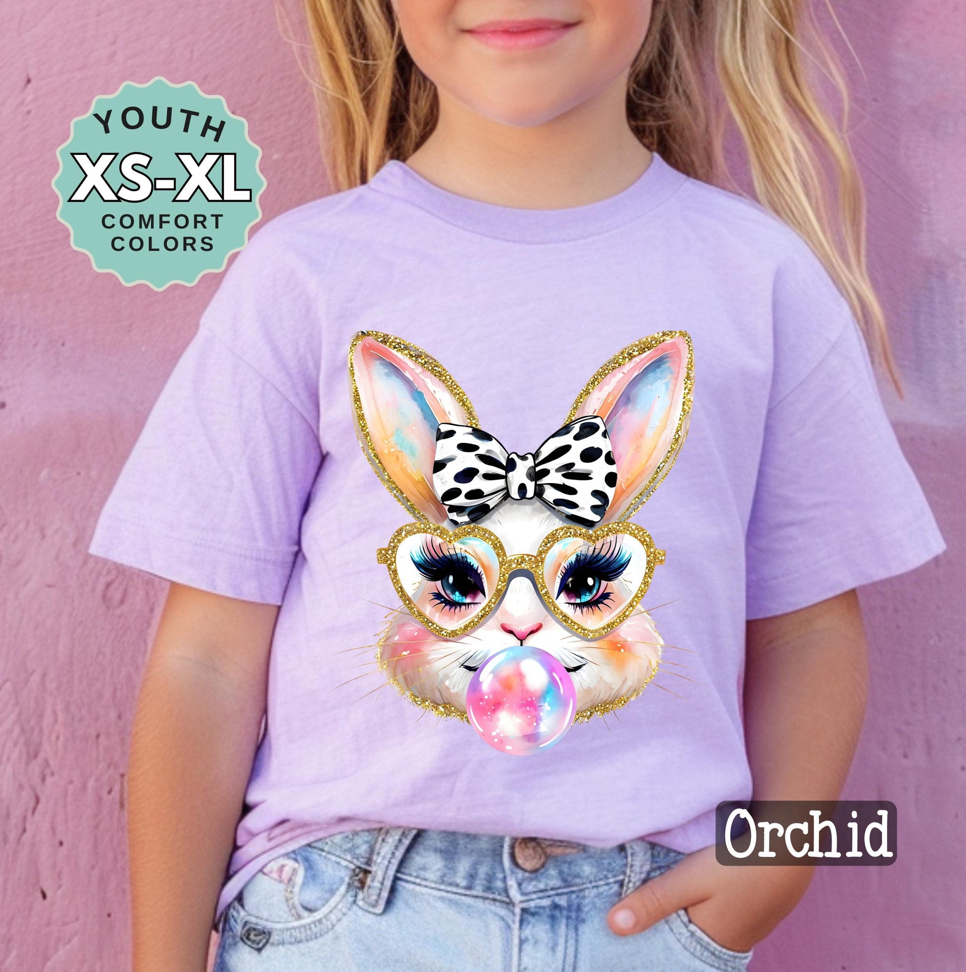 Girls Bubble Gum Bunny Shirt Easter Bunny with Heart Glasses Spring Graphic Tee