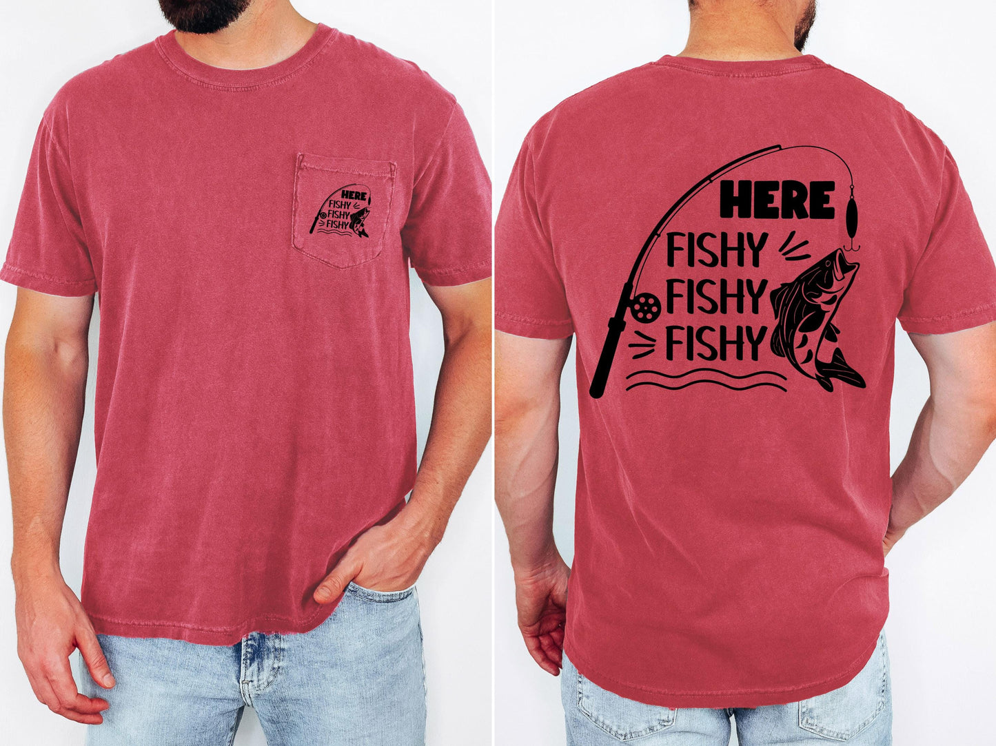 Here Fishy Fishy Fishy mens fishing pocket T-shirt