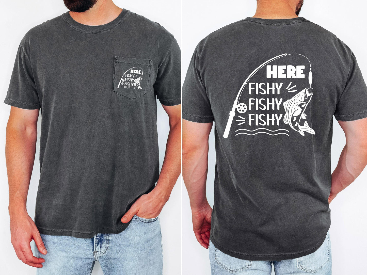 Here Fishy Fishy Fishy mens fishing pocket T-shirt
