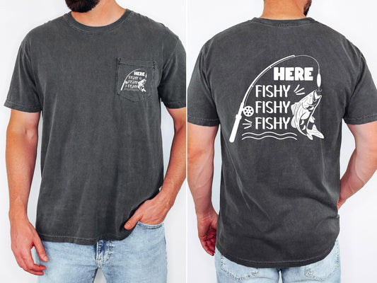 Here Fishy Fishy Fishy mens fishing pocket T-shirt
