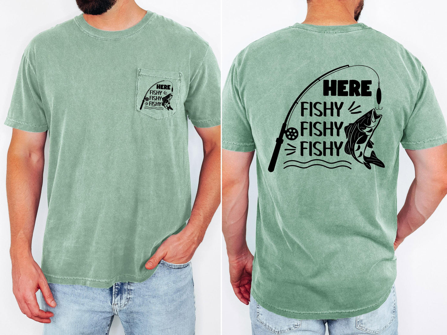 Here Fishy Fishy Fishy mens fishing pocket T-shirt