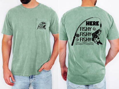 Here Fishy Fishy Fishy mens fishing pocket T-shirt