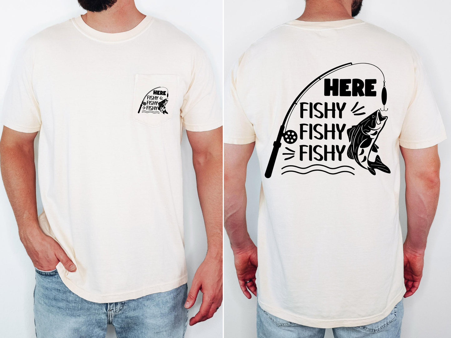 Here Fishy Fishy Fishy mens fishing pocket T-shirt