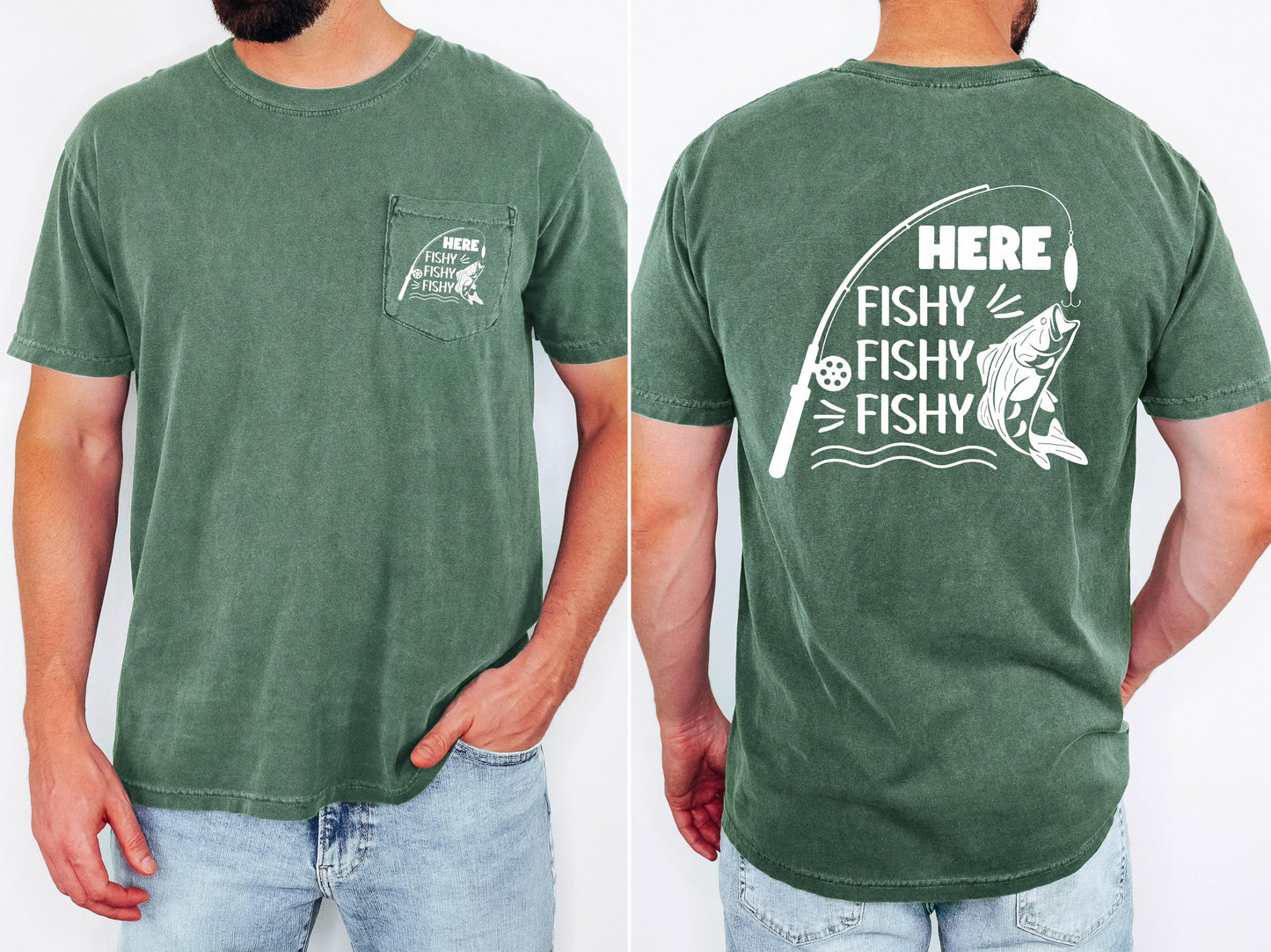 Here Fishy Fishy Fishy mens fishing pocket T-shirt