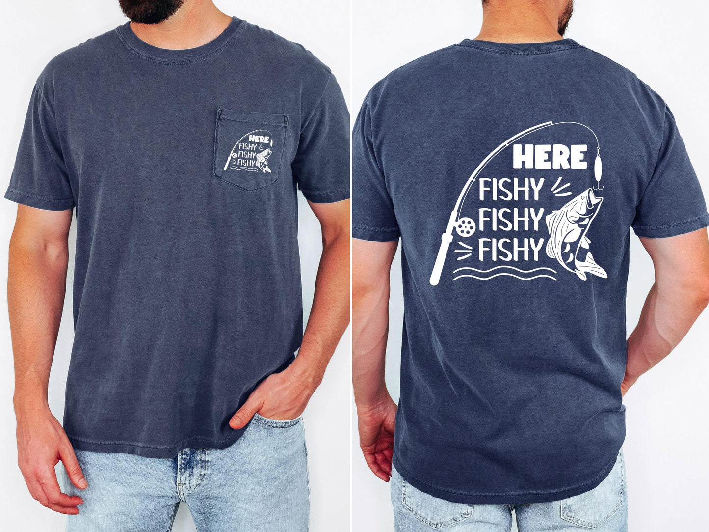 Here Fishy Fishy Fishy mens fishing pocket T-shirt
