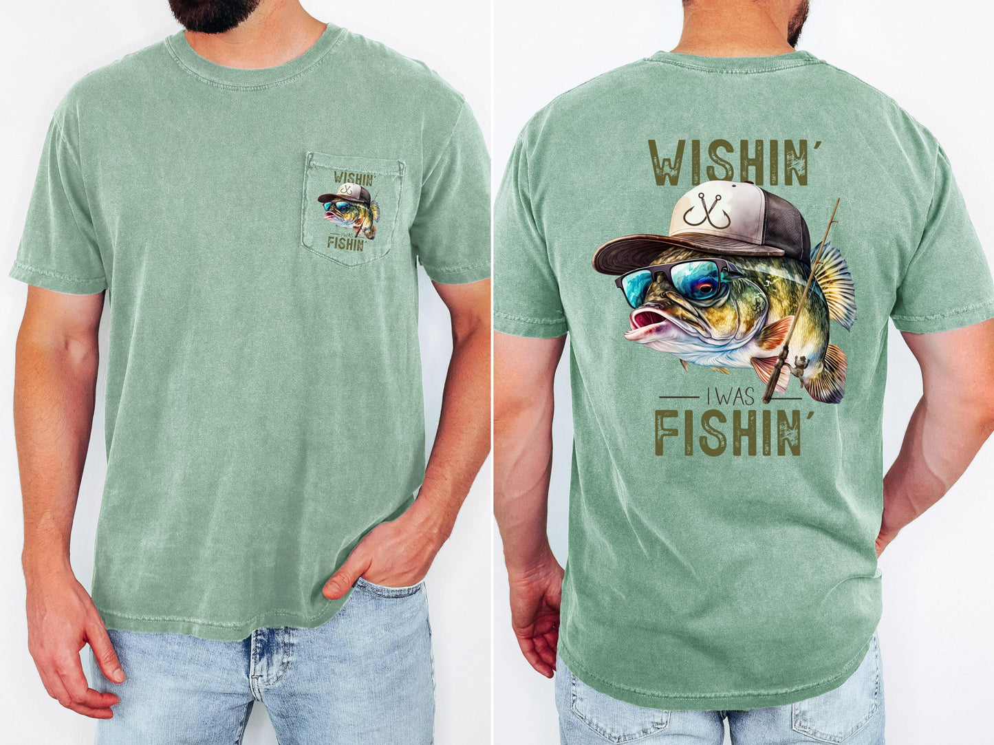 Funny Fishing Shirt Wishin I Was Fishin Comfort Colors Pocket Tee Lake Life Shirt
