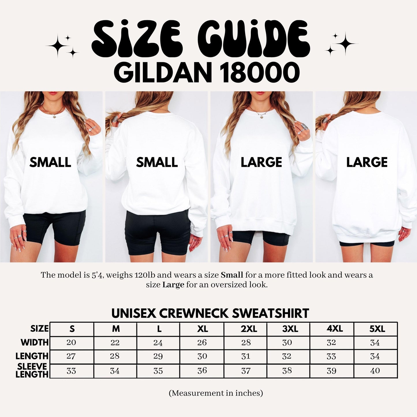 The image is a size guide for a crewneck sweatshirt, showing different sizes for a model who wears a size Small, Small, Large, and Large.