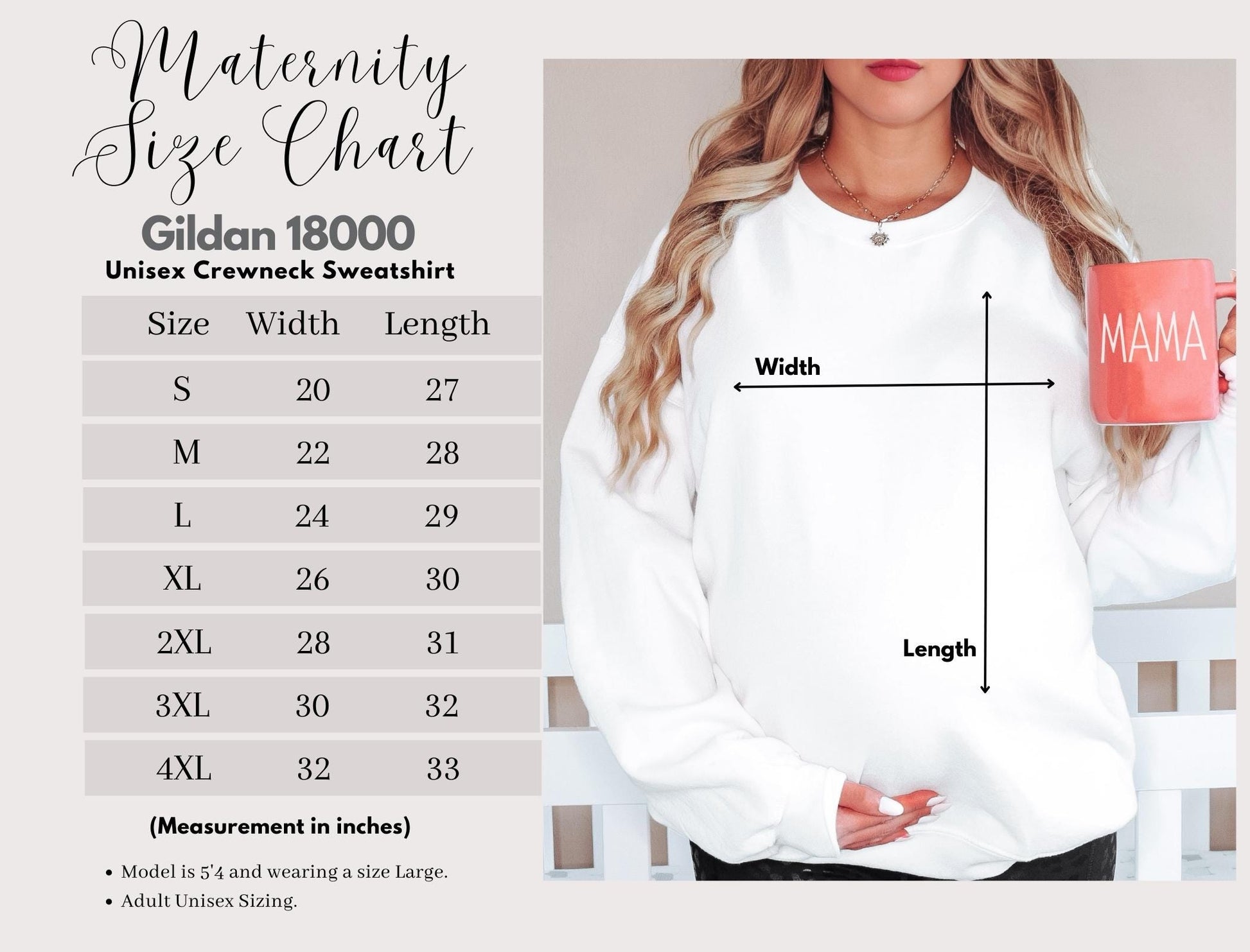 The image is a size chart for a Gildan 18000 unisex crewneck sweatshirt. The chart provides measurements for different sizes, including S, M, L, XL, 2XL, 3XL, and 4XL. The woman is holding a mug with the word "MAMA" written on it.