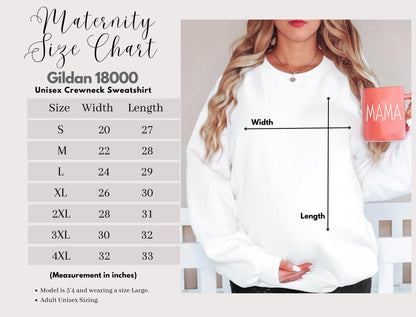The image is a size chart for a Gildan 18000 unisex crewneck sweatshirt. The chart provides measurements for different sizes, including S, M, L, XL, 2XL, 3XL, and 4XL. The woman is holding a mug with the word "MAMA" written on it.
