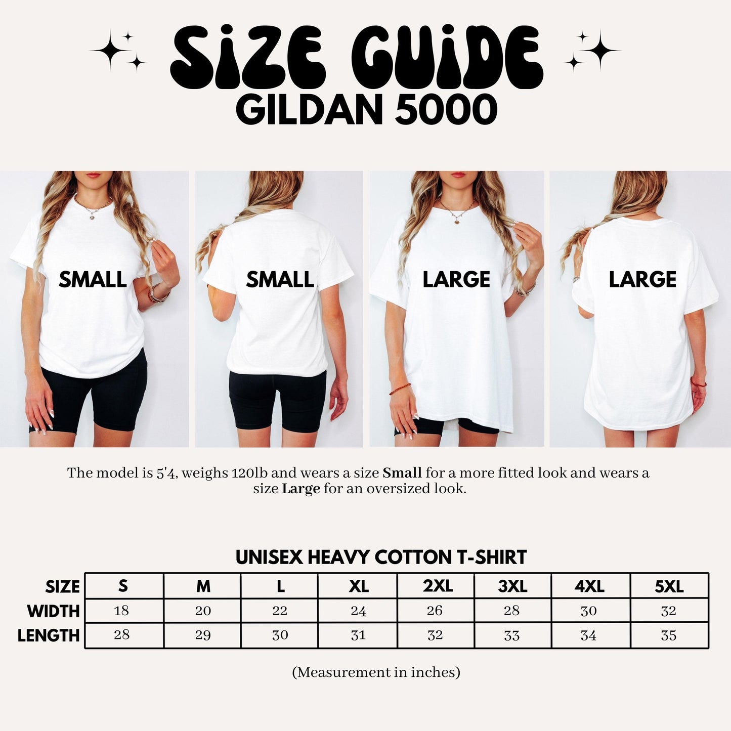 The image is a collage of four photos showing different sizes of a white t-shirt, labeled as Small, Small, Large, and Large.