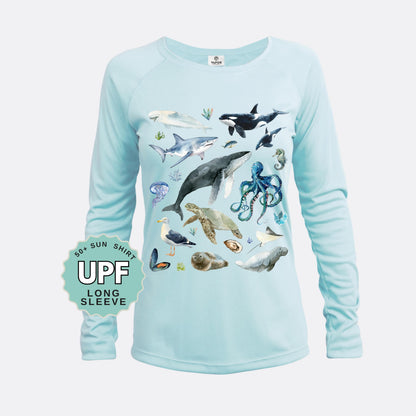 Ocean Animals Beach Sun Shirt UPF 50: Coastal Long Sleeve UV Protection