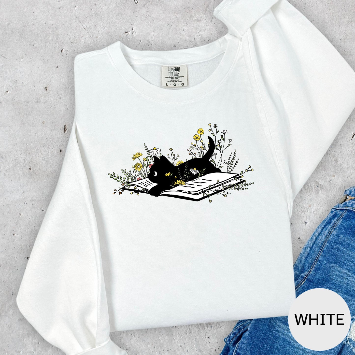 Book Lover Shirt: Black Cat with Florals - Soft Cozy Cotton