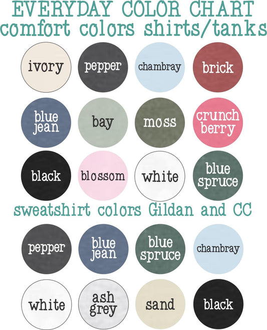 The image is a color chart that lists various comfort colors for shirts and tanks, including ivory, pepper, chambrey, brick, blue jeans, bay, moss, crunch berry, black, blossom, white, blue spruce, pepper, blue jeans, chambrey, black, ash grey, and sand.