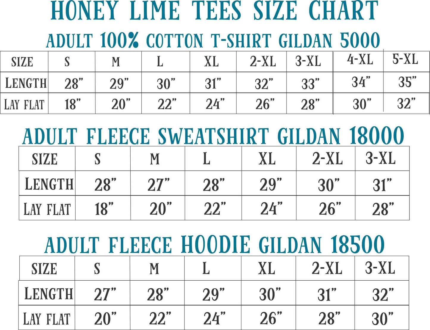 a chart that provides size charts for three different types of clothing items: adult 100% cotton T-shirts, adult fleece sweatshirts, and adult fleece hoodies. The chart lists the sizes and corresponding measurements for each type of clothing item, allowing users to easily determine the appropriate size based on their preferences or body measurements.