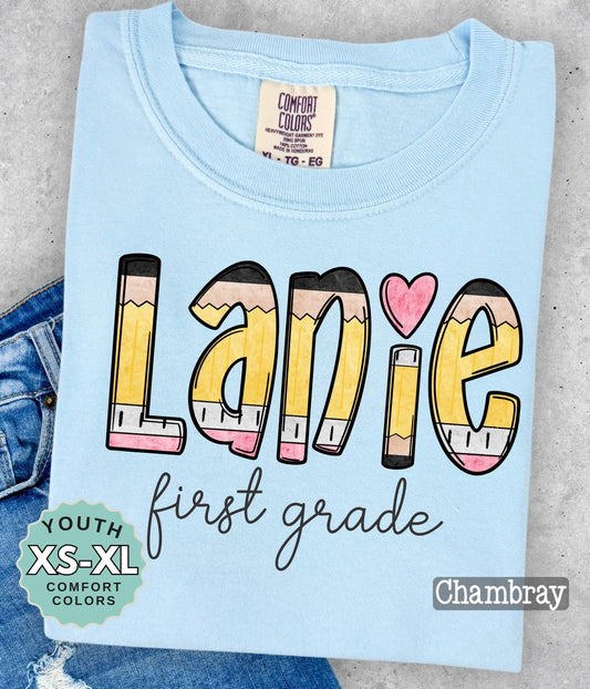personalized first grade pencil name shirt youth comfort colors tee cute back to school tee kids name shirt for first day school photo