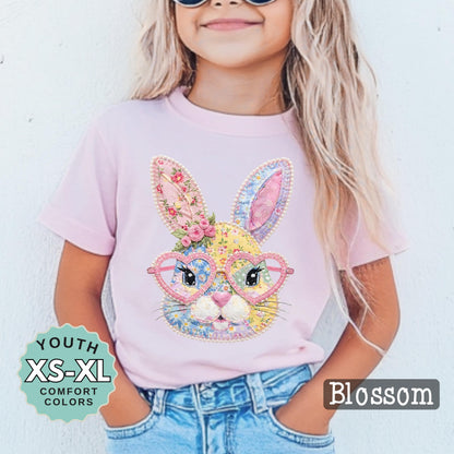 Kids Easter Bunny Shirt Patchwork Glasses Spring Tee