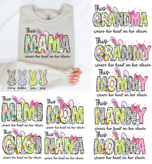 Personalized Easter Sweatshirt Bunny Name Sleeve Mama Mom Grandma Gigi Nana Mimi Spring Crewneck