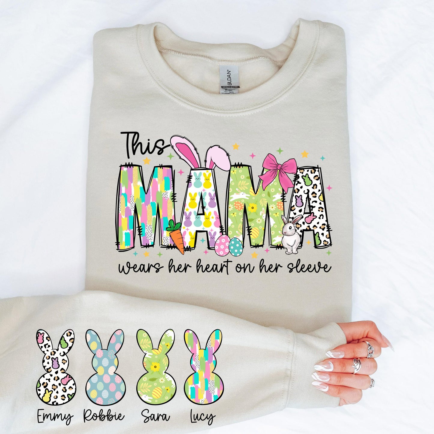 Personalized Easter Sweatshirt Bunny Name Sleeve Mama Mom Grandma Gigi Nana Mimi Spring Crewneck