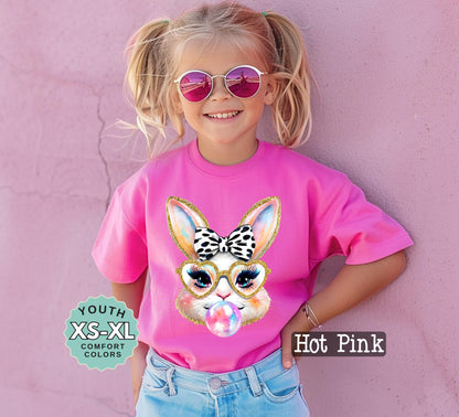 Girls Bubble Gum Bunny Shirt Easter Bunny with Heart Glasses Spring Graphic Tee