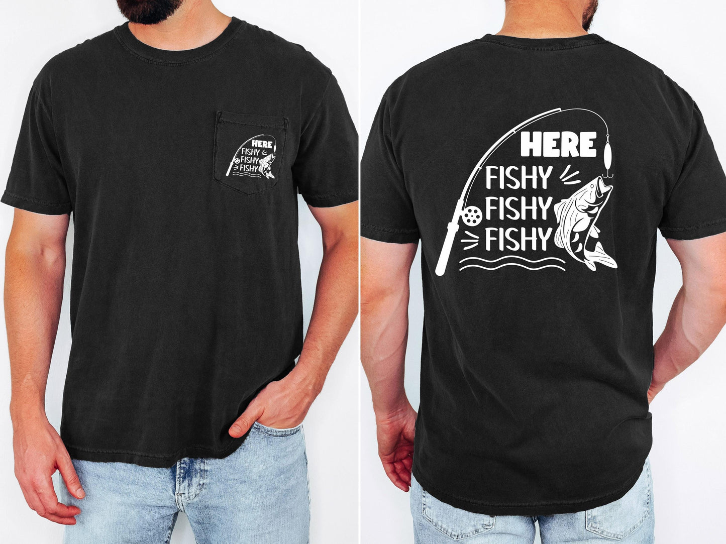 Here Fishy Fishy Fishy mens fishing pocket T-shirt