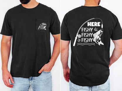 Here Fishy Fishy Fishy mens fishing pocket T-shirt