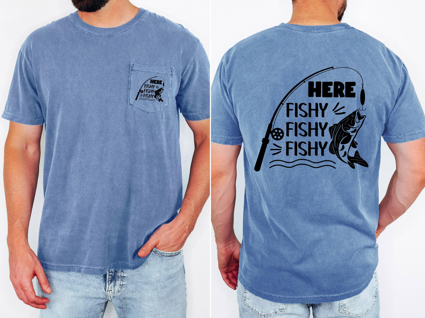 Here Fishy Fishy Fishy mens fishing pocket T-shirt