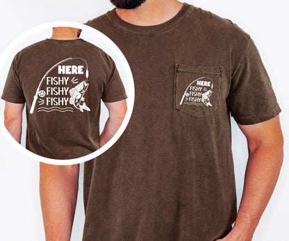 Here Fishy Fishy Fishy mens fishing pocket T-shirt