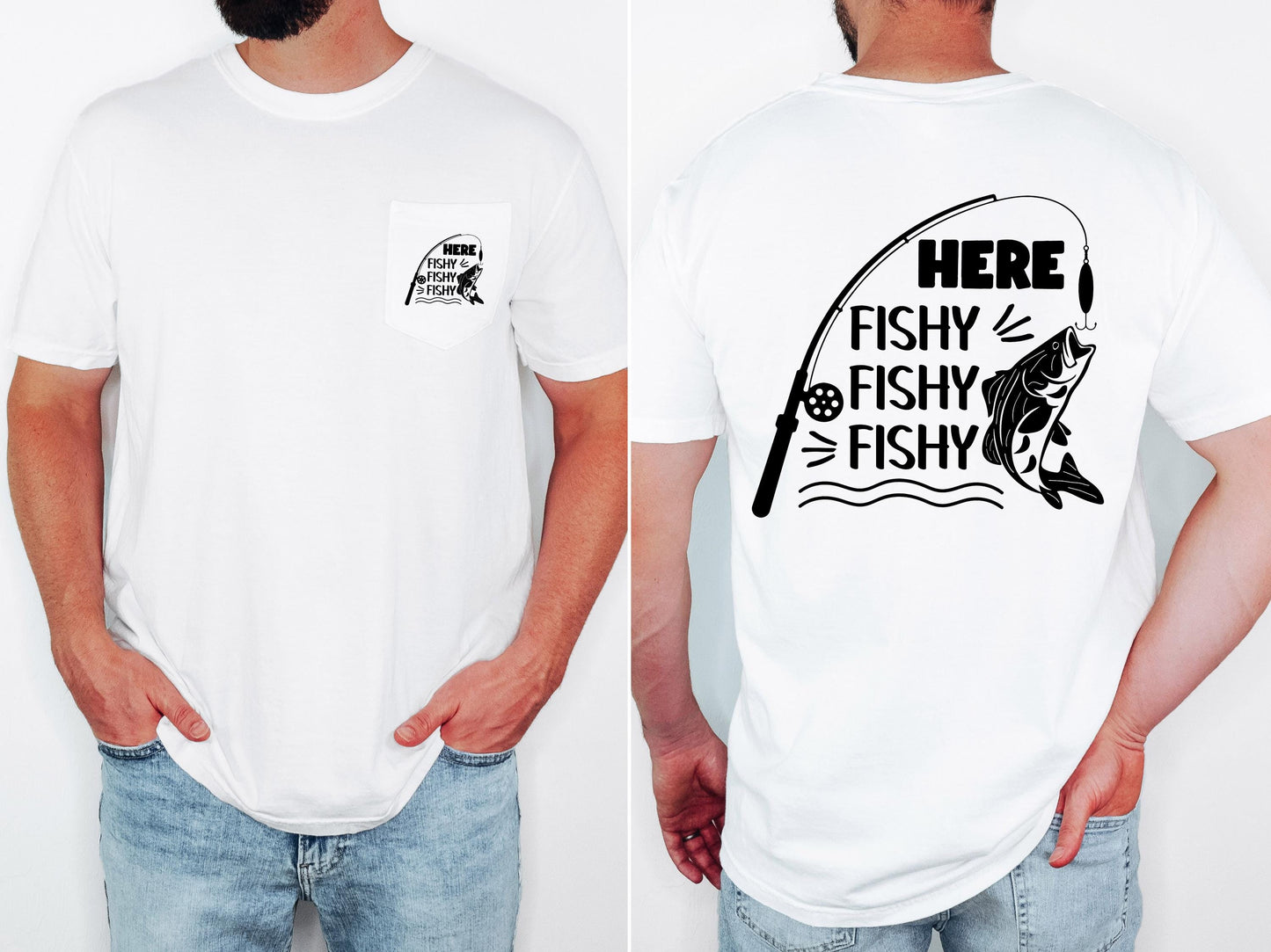 Here Fishy Fishy Fishy mens fishing pocket T-shirt