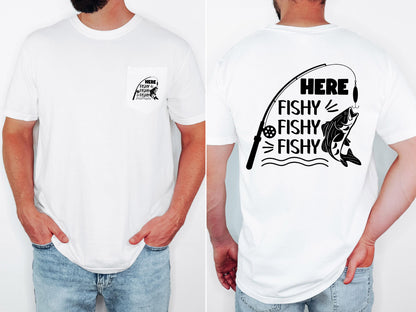 Here Fishy Fishy Fishy mens fishing pocket T-shirt