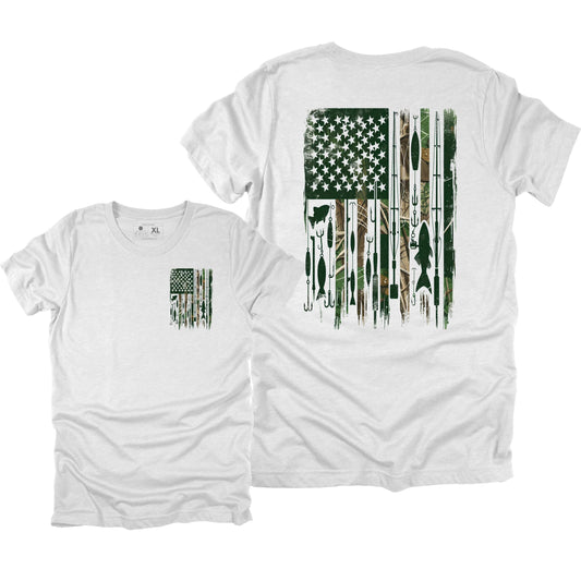 Patriotic Camo Fishing Flag T-shirt, Funny Fishing Gift for Men