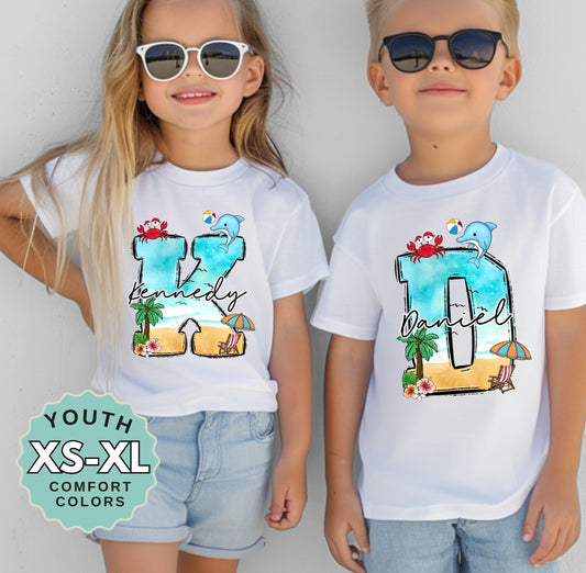 Custom Kids Beach Shirt: Comfort Colors Youth Tee, Personalized Name Initial