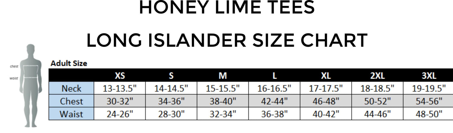 The image is a size chart for Honey Lime Tees, which shows the adult sizes for different waist, chest, and neck measurements.