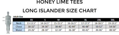 The image is a size chart for Honey Lime Tees, which shows the adult sizes for different waist, chest, and neck measurements.